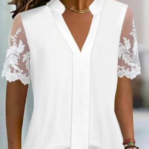 Womens Casual White V-Neck Lace Short-Sleeve Top