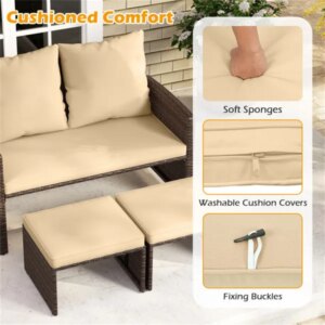 Outdoor Patio Furniture Set, PE Rattan Loveseat & 2 Ottomans Removable Cushions Metal Frame