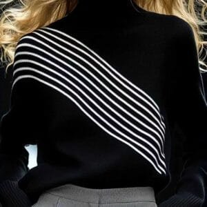 New FallWinter Womens Striped Color-Block Turtleneck Sweater