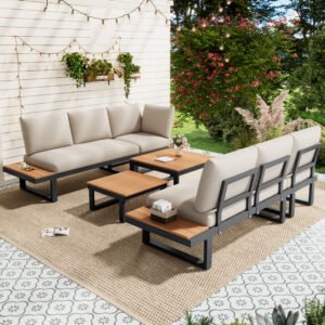 5-6 Seater Garden Lounge Set, Galvanized Iron Frame Outdoor Patio Furniture, 6-Piece Set, Reclining & Adjustable Seating, 2 WPC Tabletop Table Included, Beige Fabric Gray Frame