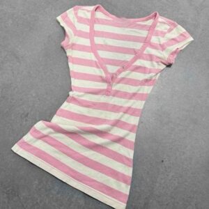 Sweet Pink And White Striped Soft-Style Womens Slim-Fit V-Neck Short-Sleeve T-Shirt Top