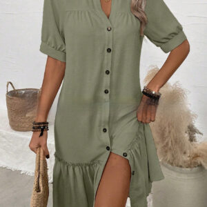 Womens Solid-Color Single-Breasted New Puff-Sleeve Dress