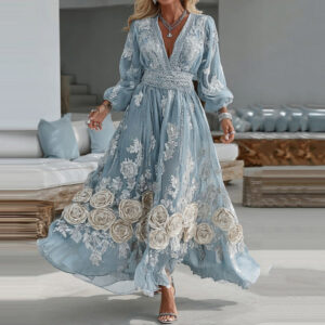 Retro Bohemian Rose Embroidered Linen Loose-Fit Long Dress