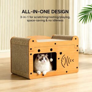 56cm Bubble Fish Shape Cat Scratcher Sofa, With 2 Teaser Balls, Wood -Corrugated Scratcher, Cat Claw Care - Resting Toy