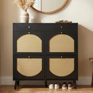 Rattan Shoe Cabinet With 2 Drawers And 4 Flip-tops, Made Of Particleboard, 105*24*110cm, Black