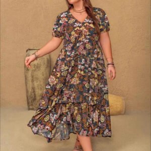 Womens Plus-Size Bohemian V-Neck Printed Short-Sleeve Dress