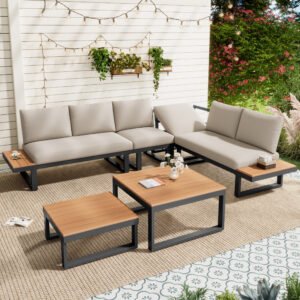 5-6 Seater Garden Lounge Set, Galvanized Iron Frame Outdoor Patio Furniture, 6-Piece Set, Reclining & Adjustable Seating, 2 WPC Tabletop Table Included, Beige Fabric Gray Frame