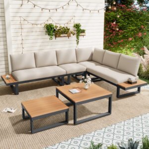 5-6 Seater Garden Lounge Set, Galvanized Iron Frame Outdoor Patio Furniture, 6-Piece Set, Reclining & Adjustable Seating, 2 WPC Tabletop Table Included, Beige Fabric Gray Frame