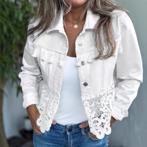 Womens Lapel Hem Hollow-Out Patchwork Tassel Coat