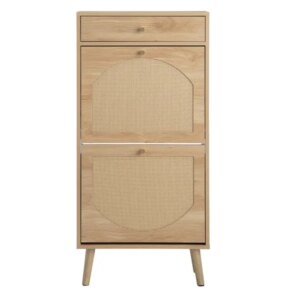 Rattan-covered Shoe Cabinet With 1 Drawer And 2 Flip-top Drawers, Made Of Particleboard, 54*24*110cm, Natural Wood Color