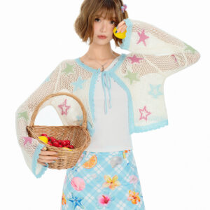 Women's Contrasting Color Floral Hollow-Out Knitted Cardigan