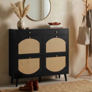 Rattan Shoe Cabinet With 2 Drawers And 4 Flip-tops, Made Of Particleboard, 105*24*110cm, Black