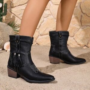 Pointed-toe Square-heel Denim Boots For Women