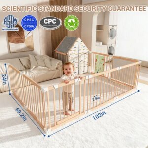 Natural Wood Baby Playpen 10 Panel Foldable Play Yard With Door Panel And Built-in Toys Easy To Assemble Foldable Assembled Into Various Shapes Includes Two Play Panels And Playhouse