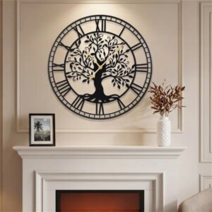 Black Tree Of Life Decorative Wall Clock, 27′ Non-Ticking Quartz Movement Easy To Read