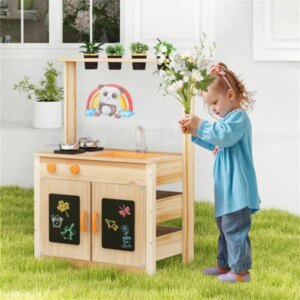 Kids Outdoor Mud Kitchen Playset, Realistic Stoves&Sink With Utensils & Chalkboard For Creative Play