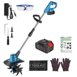 800W 21V Cordless Tiller Cultivator 3.0Ah Battery Powered Tiller Manganese Steel Tines For Soil Cultivation Weeding Gardening