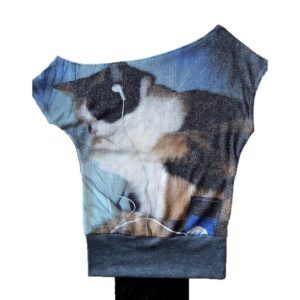 Retro Sassy Calico Cat Print Stretchy Asymmetrical Off-shoulder Short Sleeve
