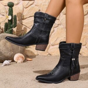 Pointed-toe Square-heel Denim Boots For Women