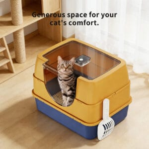 Dark Gray Top Entry Fully Enclosed Cat Litter Box, With Free Scoop & Litter Mat, Anti-Splash & Odor Locking, For Large Cats & Multi-Cat Households