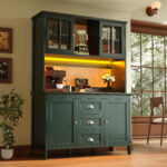 Sideboard, Storage Cabinet, Kitchen Cabinet, Tall Sideboard With LED Lighting, 120x40x179 Cm, 4 Doors & 3 Drawers, Black Green