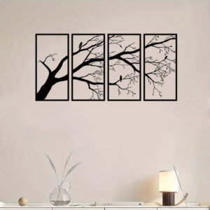 Luxury Metal Wall Art Decor Set Of 4 - Black Tree Of Life Sculpture