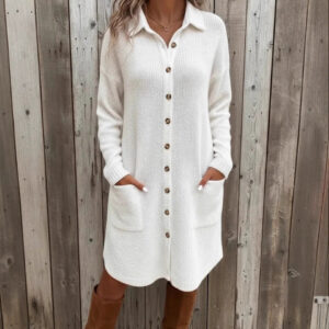 Knitted Button Down Solid Color Long Sleeve Pocket Cardigan Sweater Dress