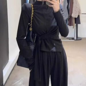 Design-inspired Strap-wrapped Fitted Long-sleeved Top With Wide-leg Pants Set