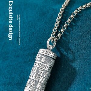 990 Silver Six-Character Mantra Pendant Prayer Wheel Charm Necklace Pendant