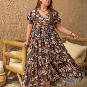Womens Plus-Size Bohemian V-Neck Printed Short-Sleeve Dress