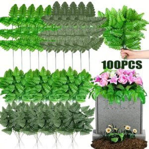 100 Pcs Artificial Silk Leaf Fern Artificial Greenery Stems Cemetery 15.75 Inch Faux Plant Bouquet Leaf Picks Fake Greenery Stems Fern Leaves For Cemetery Grave Headstone Wedding