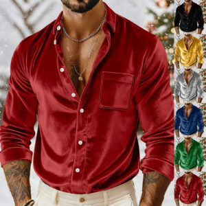 Mens Gold Velvet Button-Up Shirt