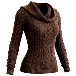 Womens Country-Style Brown Cable-Knit Turtleneck Sweater