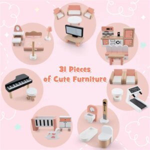 3-Tier Dollhouse With 7 Rooms & 31 Cute Furniture, MDF&Pine Wood Corner Design Kids Toy
