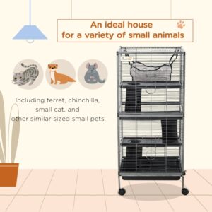Metal Small Animal Cage Rolling Big Ferret Cage, Chinchilla Cage, Sugar Glider Cage, With Hammock & 4 Tiers, Removable Tray, Gray