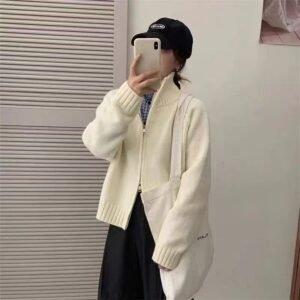 Loose-fitting Simple Stand-collar Laid-back Knit Cardigan Top