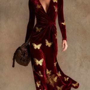 3D Geometric Line Pattern V-Neck Long-Sleeve Womens Dress
