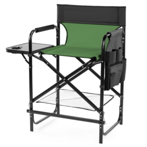 26" Tall Directors Chair With Footrest, 4Portable Bar Height Folding Camping Chair With Built-in Cup Holder, Side Table, Storage Pocket, Olive