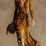 3D Geometric Line Pattern V-Neck Long-Sleeve Womens Dress