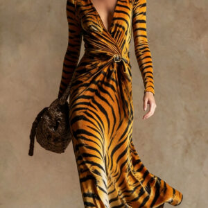 3D Geometric Line Pattern V-Neck Long-Sleeve Womens Dress