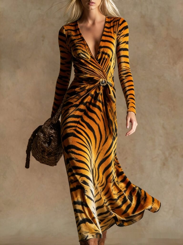 3D Geometric Line Pattern V-Neck Long-Sleeve Womens Dress