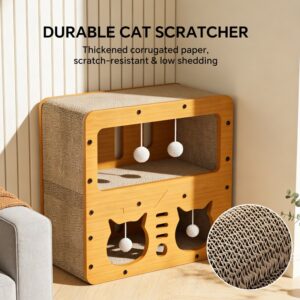 45cm Double Layer Double Cat Head Cat Scratcher Sofa, With 4 Teaser Balls, Wood -Corrugated Scratcher, Cat Claw Care & Resting Toy
