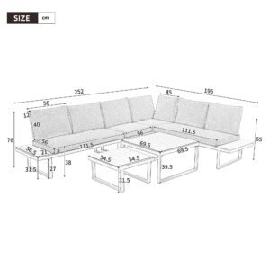 5-6 Seater Garden Lounge Set, Galvanized Iron Frame Outdoor Patio Furniture, 6-Piece Set, Reclining & Adjustable Seating, 2 WPC Tabletop Table Included, Beige Fabric Gray Frame