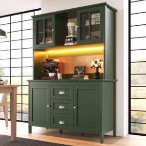 Sideboard, Storage Cabinet, Kitchen Cabinet, Tall Sideboard With LED Lighting, 120x40x179 Cm, 4 Doors & 3 Drawers, Black Green