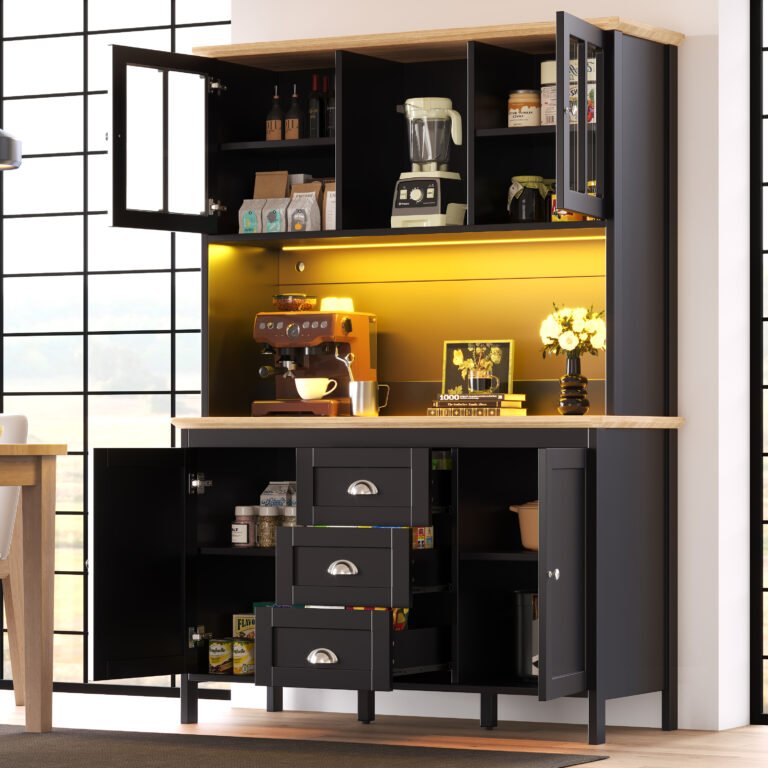 Sideboard, Storage Cabinet, Kitchen Cabinet, Tall Sideboard With LED Lighting, 120x40x179 Cm, 4 Doors & 3 Drawers, White Black