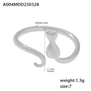 Geometric Stainless Steel Ring With A Cat Design And An Adjustable Opening