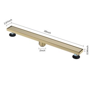 28 Inch Linear Shower Drain With 2-in-1 Flat & Tile Insert Removable Cover, 304 Stainless Steel With Hair Strainer And Leveling Feet, Brushed Gold
