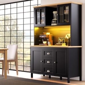 Sideboard, Storage Cabinet, Kitchen Cabinet, Tall Sideboard With LED Lighting, 120x40x179 Cm, 4 Doors & 3 Drawers, White Black