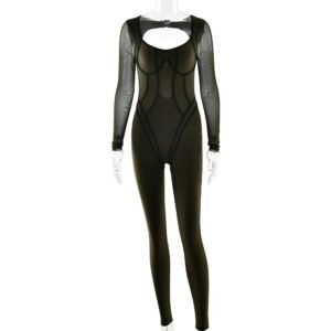 Womens Solid-Color High-Elastic Tight-Fitting Long-Sleeve Sports Jumpsuit