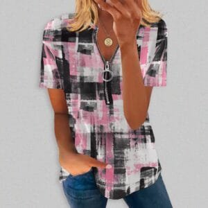 Diamond-check Print Zip-up Shirt With A Crew Neck And Short Sleeves